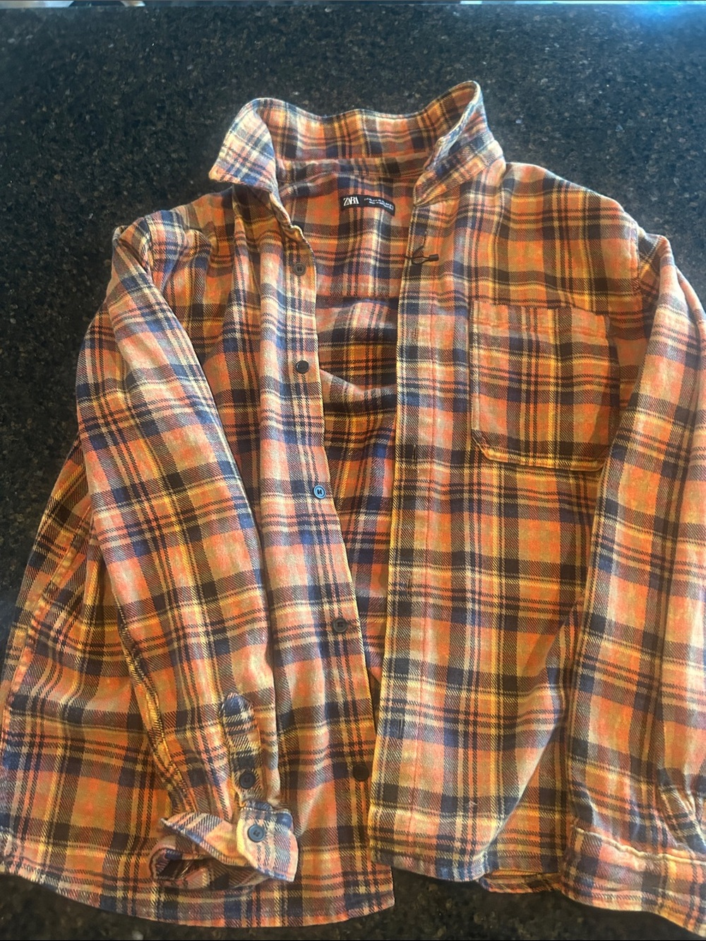 Zara Men's Orange and Blue Plaid Button-Down Shirt Jacket